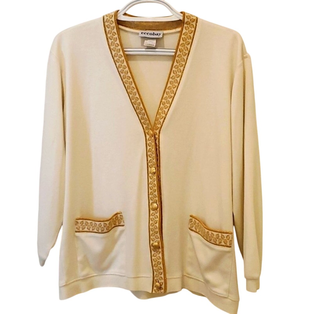 Eccobay Cardigan Sweater Gold Trim Pockets Button Front Cream Size L